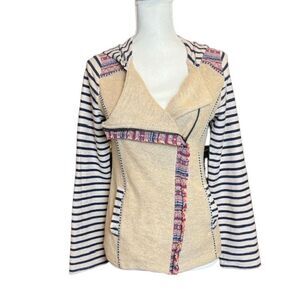 BKE Gimmicks Hoodie Asymmetrical Zip Boho Chic Natural Navy Size Small